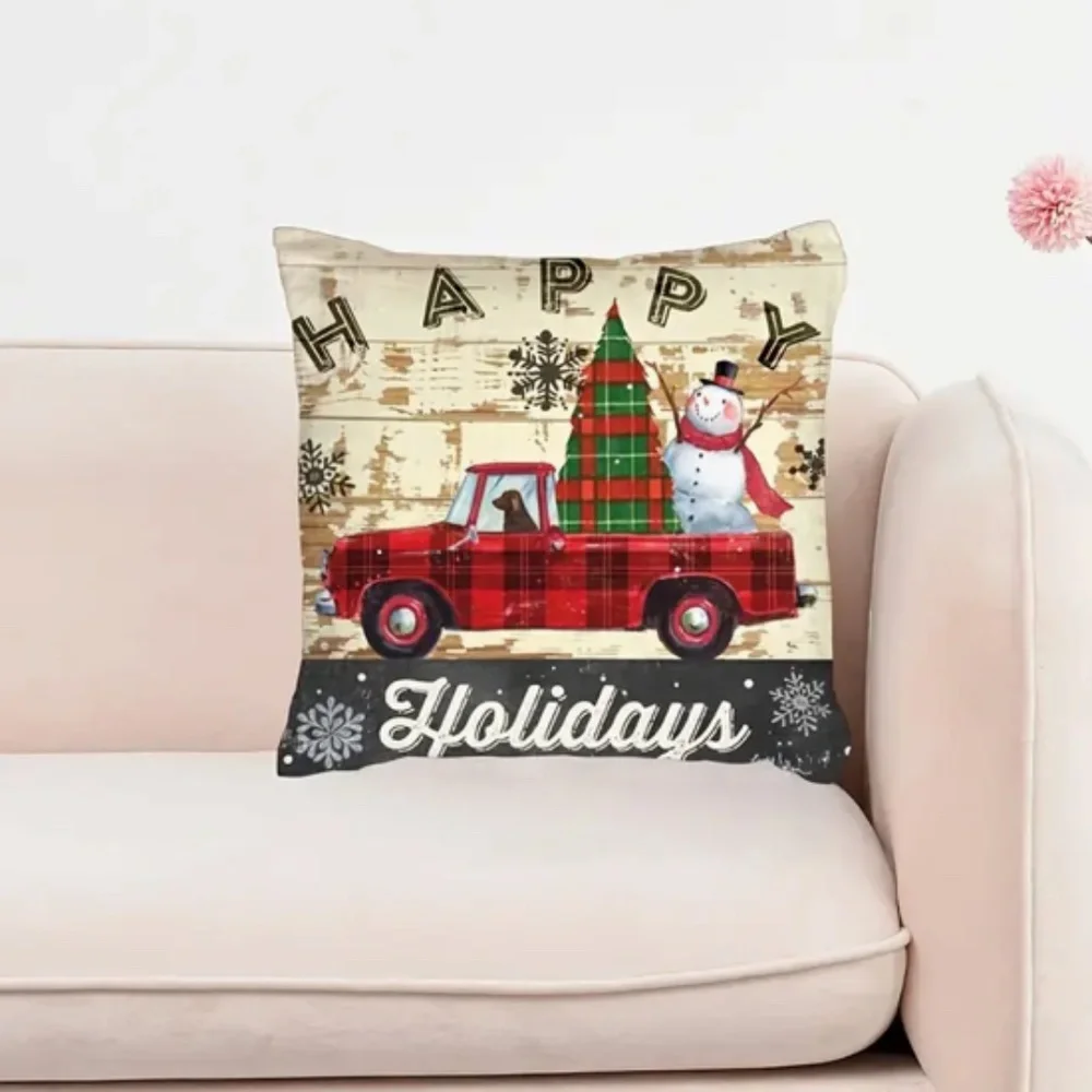 NEW HAPPY HOLIDAYS VTG TRUCK DOG SNOWMAN FARMHOUSE POLYESTER PILLOW COVER 17.7